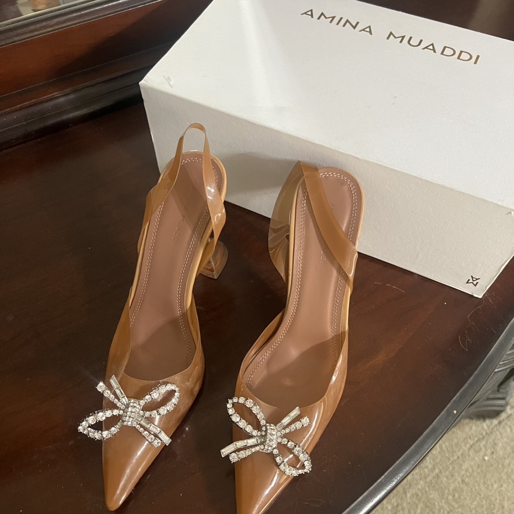 Amina Muaddi Brown Slingback Heels with Crystal Bow